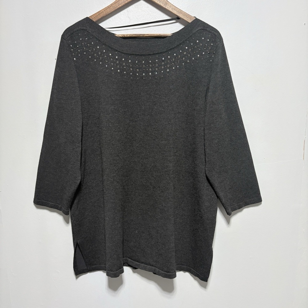 Cable Gauge Sweater Womens 1X Black 3/4 Sleeve Relaxed Tunic Rhinestone Beaded
